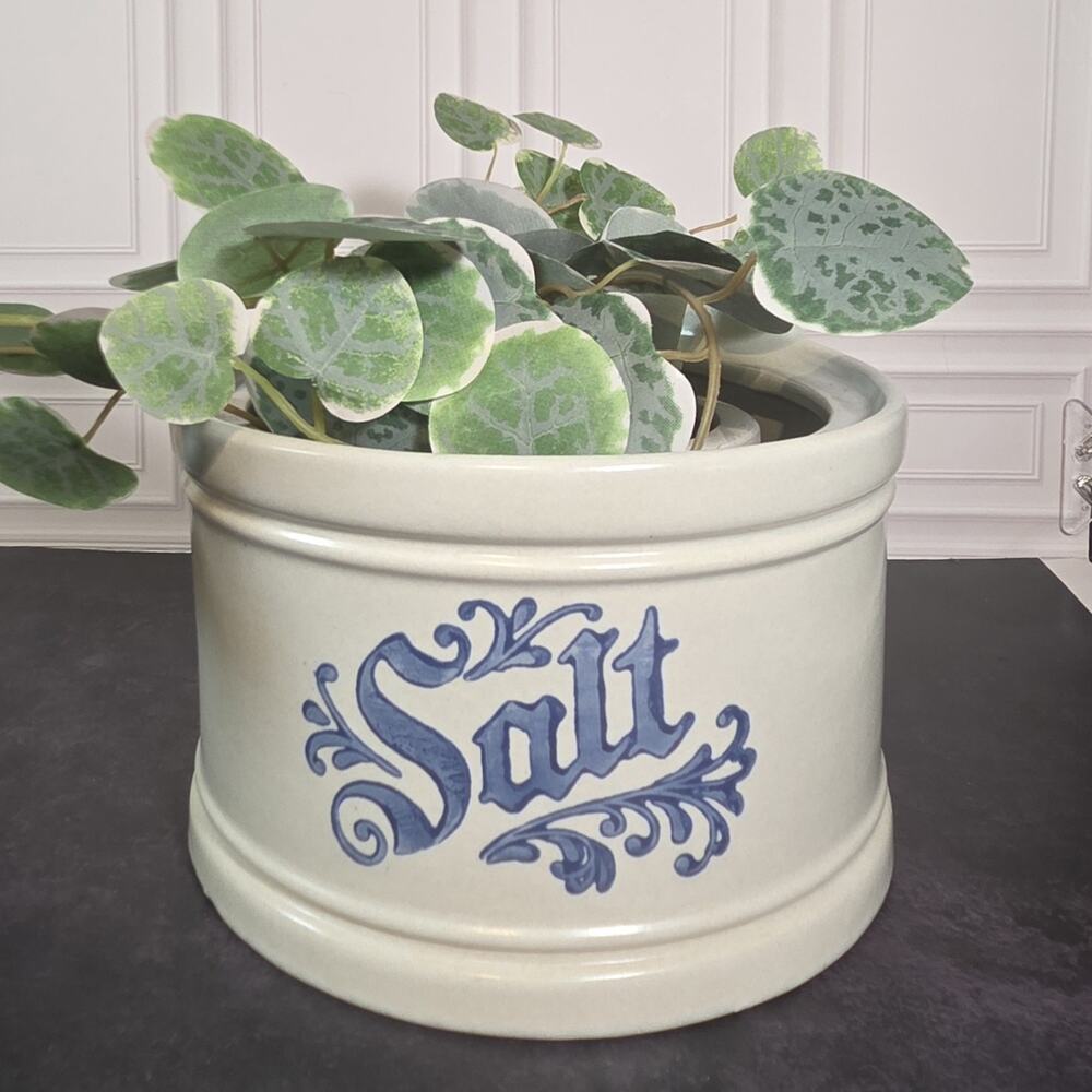 Pfaltzgraff Salt Crock Ceramic Wall Hanging Planter NO LID Blue Transfer Design